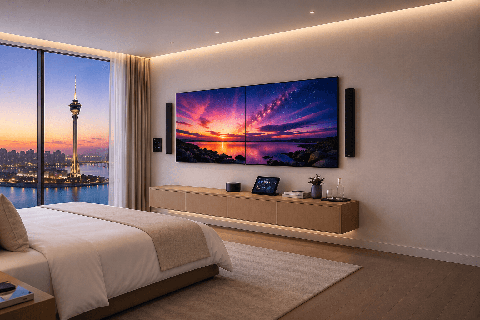 Luxury hotel room with integrated AV and ELV technology